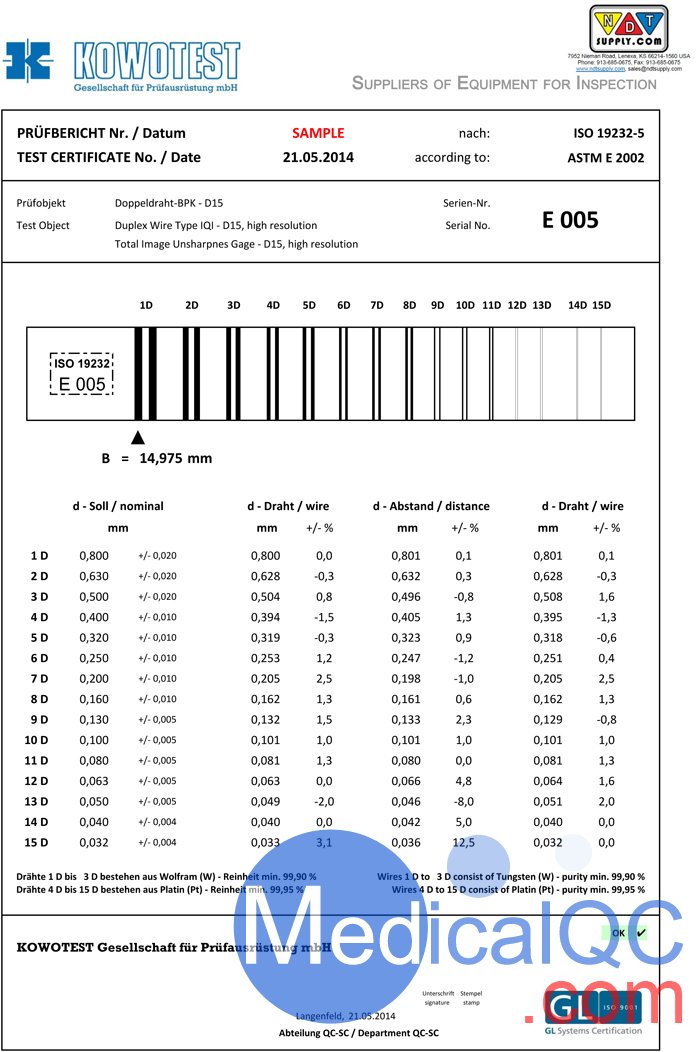 Kowotest Duplex Penetrameter  ISO 19232-5 / EN462-5 / ASTM E2002-99 Duplex IQI